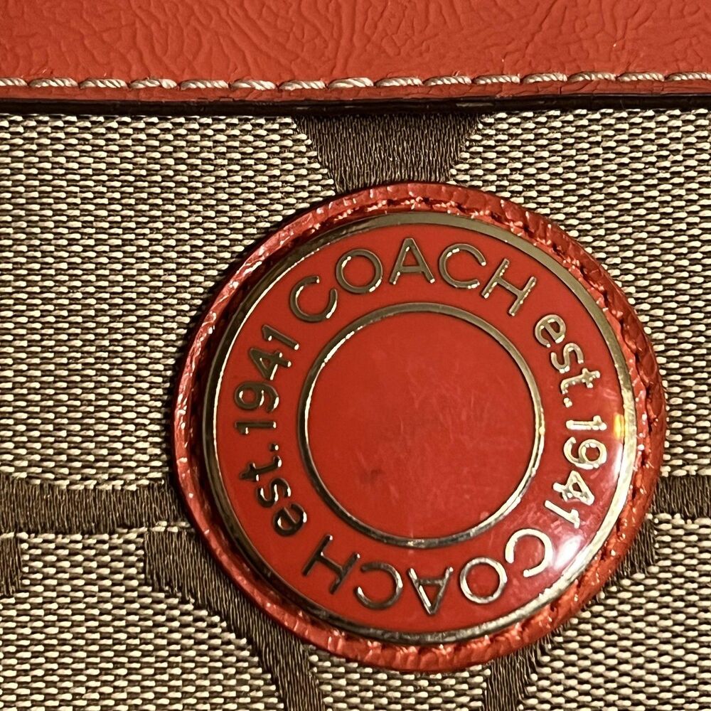 Coach Tote Bag Womens Medium Brown Signature Avary Canvas Orange Patent Trim - Picture 5 of 15